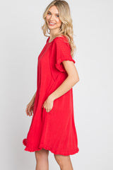 Red Linen Fringe Hem Burnout Sleeve Dress