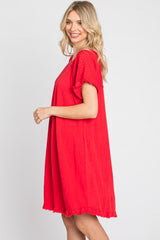 Red Linen Fringe Hem Burnout Sleeve Dress