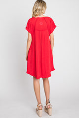 Red Linen Fringe Hem Burnout Sleeve Dress