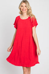 Red Linen Fringe Hem Burnout Sleeve Dress