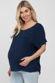 Navy Blue Linen Frayed Short Sleeve Maternity Top