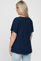 Navy Blue Linen Frayed Short Sleeve Maternity Top