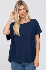 Navy Blue Linen Frayed Short Sleeve Maternity Top