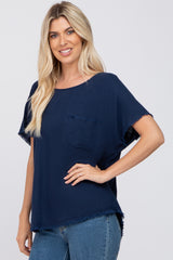 Navy Blue Linen Frayed Short Sleeve Top