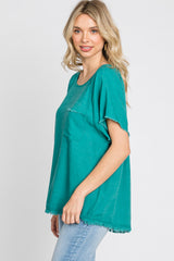 Jade Linen Frayed Short Sleeve Top