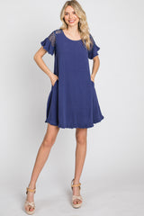 Blue Linen Crochet Shoulder Fringe Hem Dress