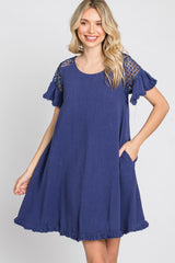 Blue Linen Crochet Shoulder Fringe Hem Dress