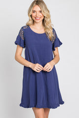 Blue Linen Crochet Shoulder Fringe Hem Dress