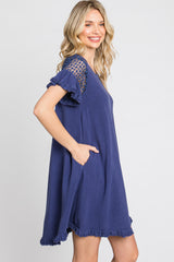 Blue Linen Crochet Shoulder Fringe Hem Dress