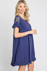 Blue Linen Crochet Shoulder Fringe Hem Dress