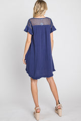 Blue Linen Crochet Shoulder Fringe Hem Dress