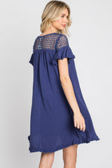 Blue Linen Crochet Shoulder Fringe Hem Dress