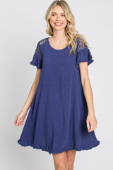 Blue Linen Crochet Shoulder Fringe Hem Dress