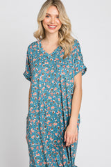 Blue Floral Round Hem Side Slit Midi Dress