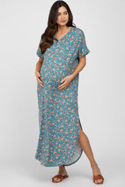 Blue Floral Round Hem Side Slit Maternity Midi Dress