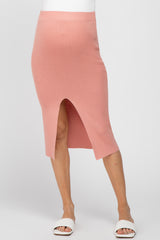 Peach Sweater Knit Split Back Maternity Midi Skirt