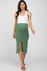 Light Olive Sweater Knit Split Back Maternity Midi Skirt