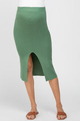 Light Olive Sweater Knit Split Back Maternity Midi Skirt