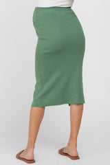 Light Olive Sweater Knit Split Back Maternity Midi Skirt