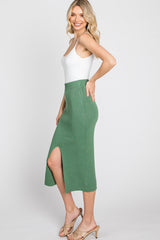 Light Olive Sweater Knit Split Back Midi Skirt