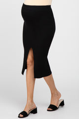 Black Sweater Knit Split Back Maternity Midi Skirt