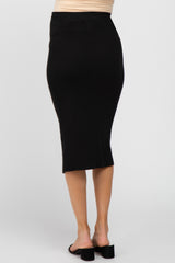 Black Sweater Knit Split Back Maternity Midi Skirt