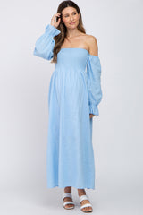 Light Blue Linen Smocked Square Neck Short Puff Sleeve Maternity Midi Dress