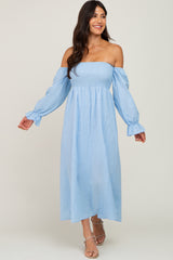 Light Blue Linen Smocked Square Neck Short Puff Sleeve Maternity Midi Dress