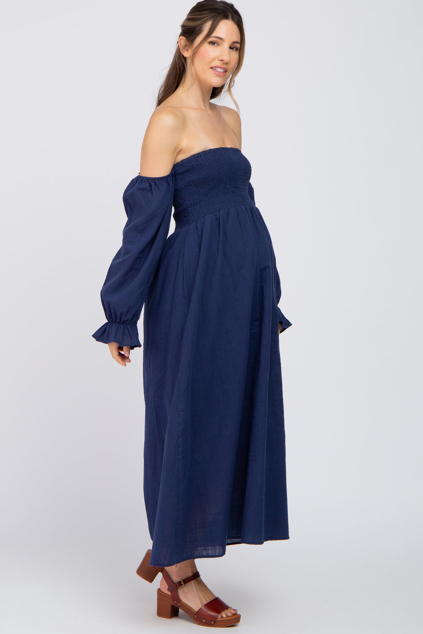 Navy Blue Floral Square Neck Short Puff Sleeve Maternity Maxi Dress–  PinkBlush