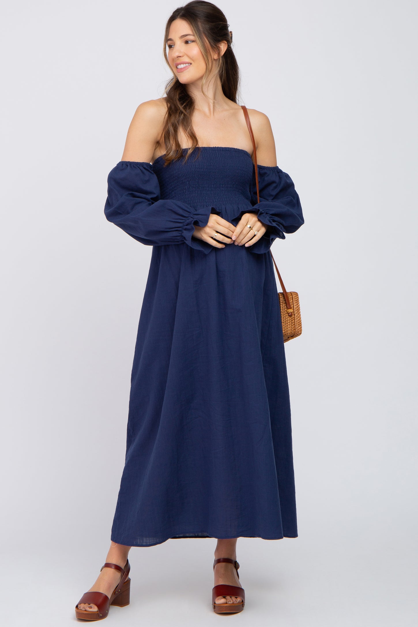 Navy Blue Floral Square Neck Short Puff Sleeve Maternity Maxi Dress–  PinkBlush