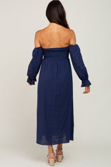 Navy Blue Linen Smocked Square Neck Short Puff Sleeve Midi Dress