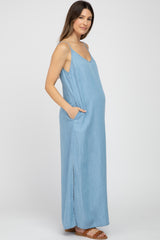 Blue Chambray Sleeveless Side Slit Maternity Maxi Dress