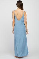 Blue Chambray Sleeveless Side Slit Maternity Maxi Dress