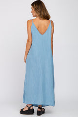 camBlue Chambray Sleeveless Side Slit Maxi Dress