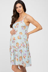 Light Blue Floral Lace Up Back Maternity Dress