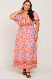 Coral Floral Short Sleeve Plus Maxi Dress