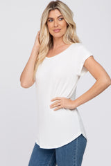 White Solid Short Sleeve Curved Hem Top