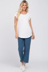 White Solid Short Sleeve Curved Hem Top