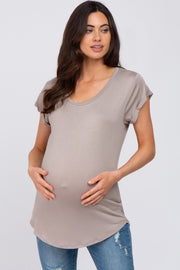 Taupe Solid Short Sleeve Curved Hem Maternity Top