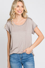 Taupe Solid Short Sleeve Curved Hem Top