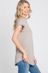 Taupe Solid Short Sleeve Curved Hem Top