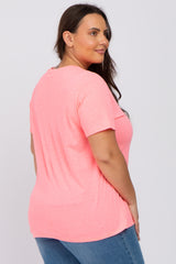 Neon Pink Solid Short Sleeve Plus Top