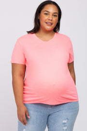 Neon Pink Solid Short Sleeve Plus Maternity Top