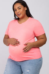 Neon Pink Solid Short Sleeve Plus Maternity Top