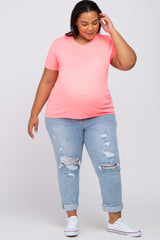 Neon Pink Solid Short Sleeve Plus Maternity Top