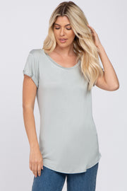 Dusty Blue Solid Short Sleeve Curved Hem Top