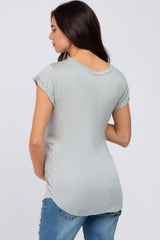 Dusty Blue Solid Short Sleeve Curved Hem Maternity Top