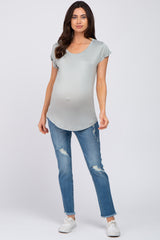 Dusty Blue Solid Short Sleeve Curved Hem Maternity Top