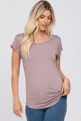 Mauve Solid Short Sleeve Curved Hem Maternity Top