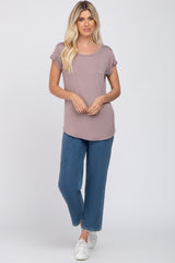 Mauve Solid Short Sleeve Curved Hem Top